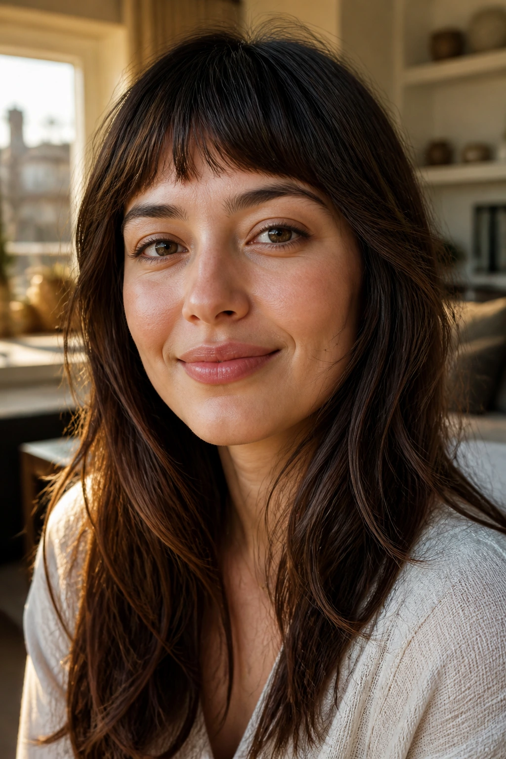 Close-up portrait of a woman with a curved crescent fringe across the forehead.