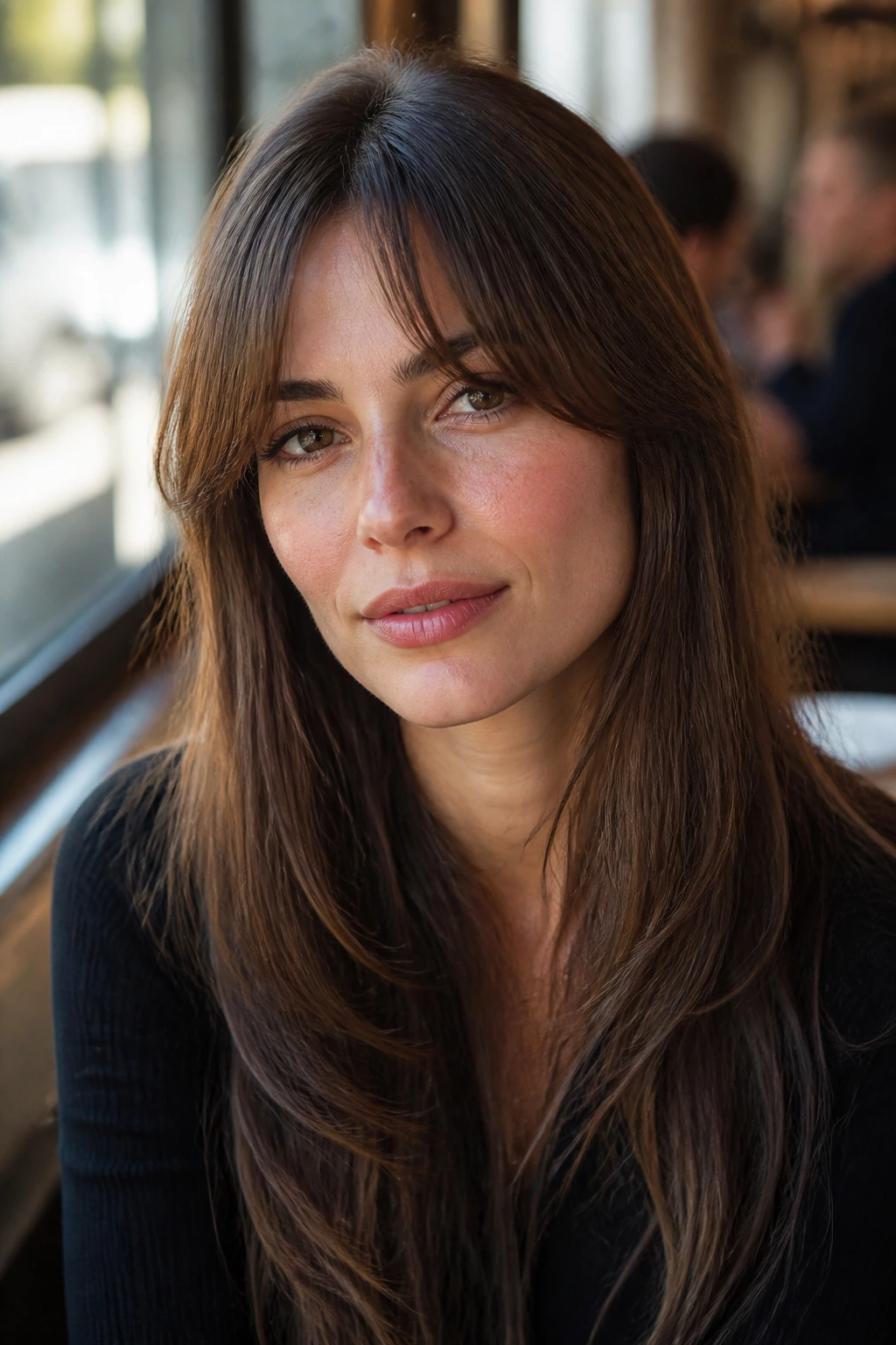 Close-up portrait of a real woman with French-inspired crescent fringe