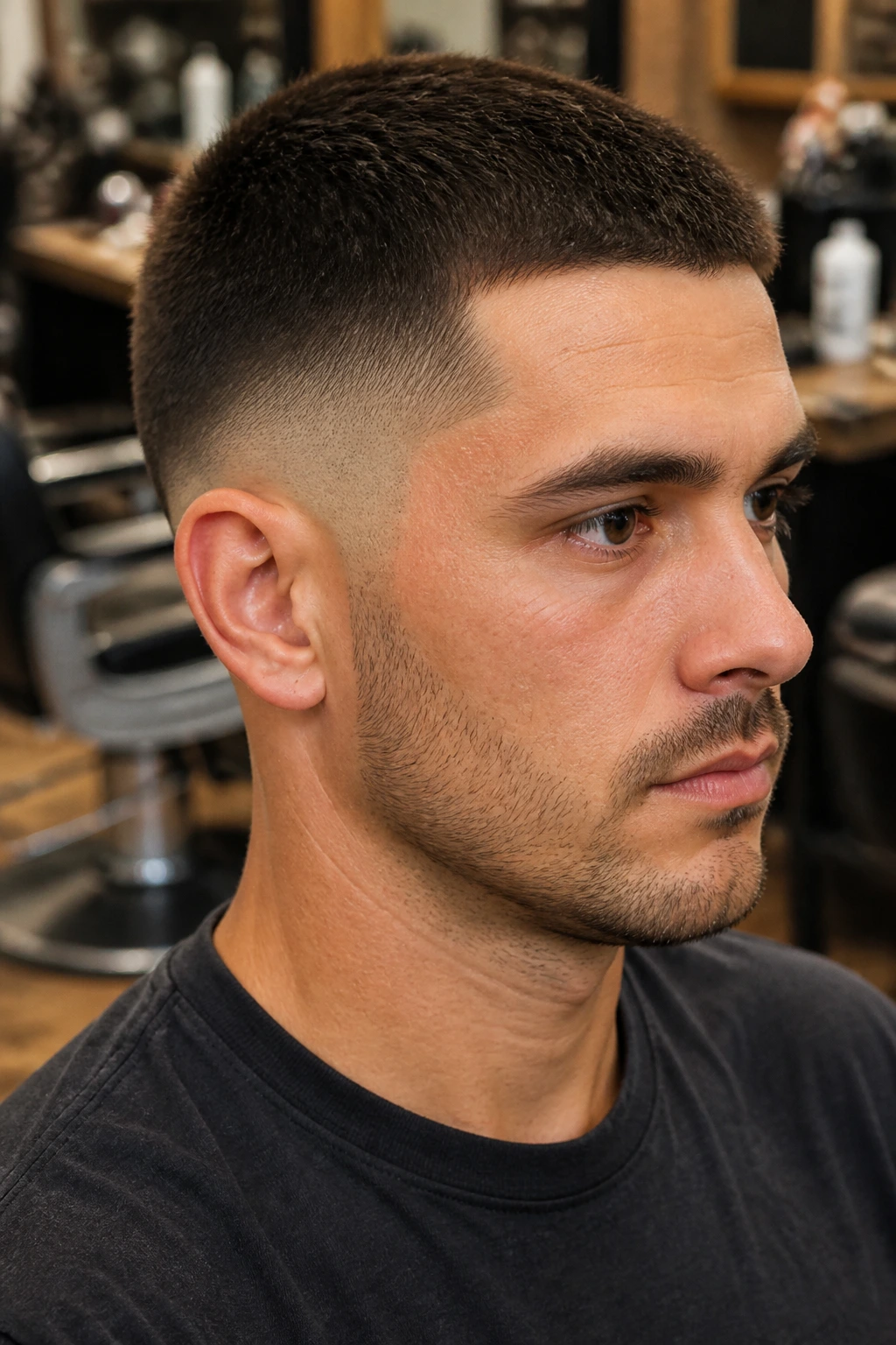 Man with #2 crew buzz and mid taper fade in barber setting.