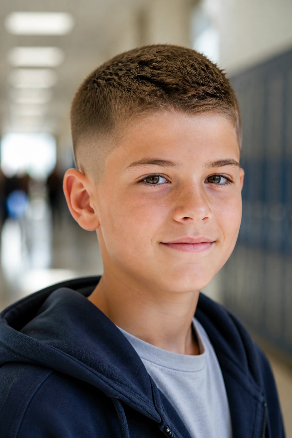 Portrait of a real boy with a classic crew cut in natural light.