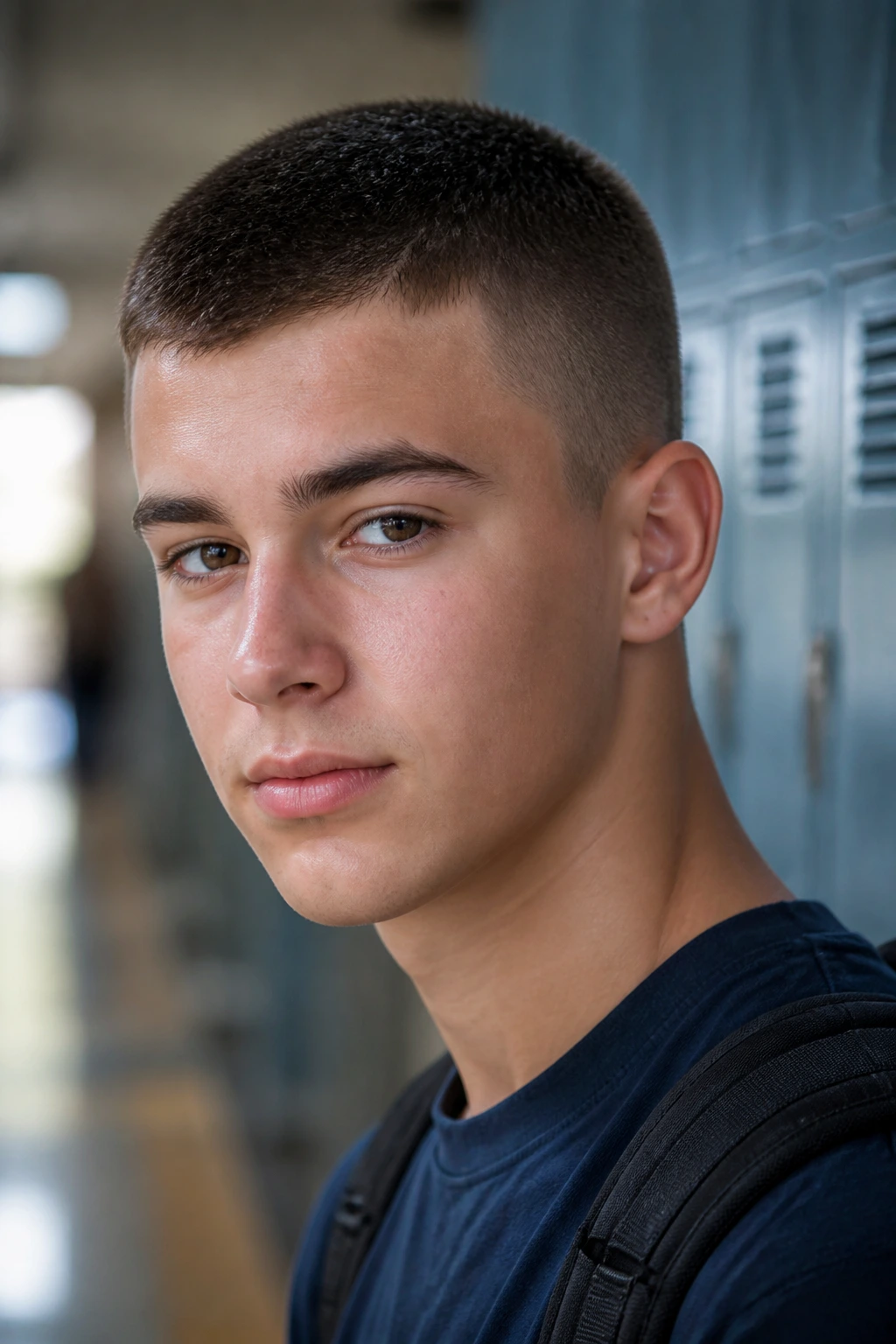 Teen boy close-up with crew cut buzz in school hallway