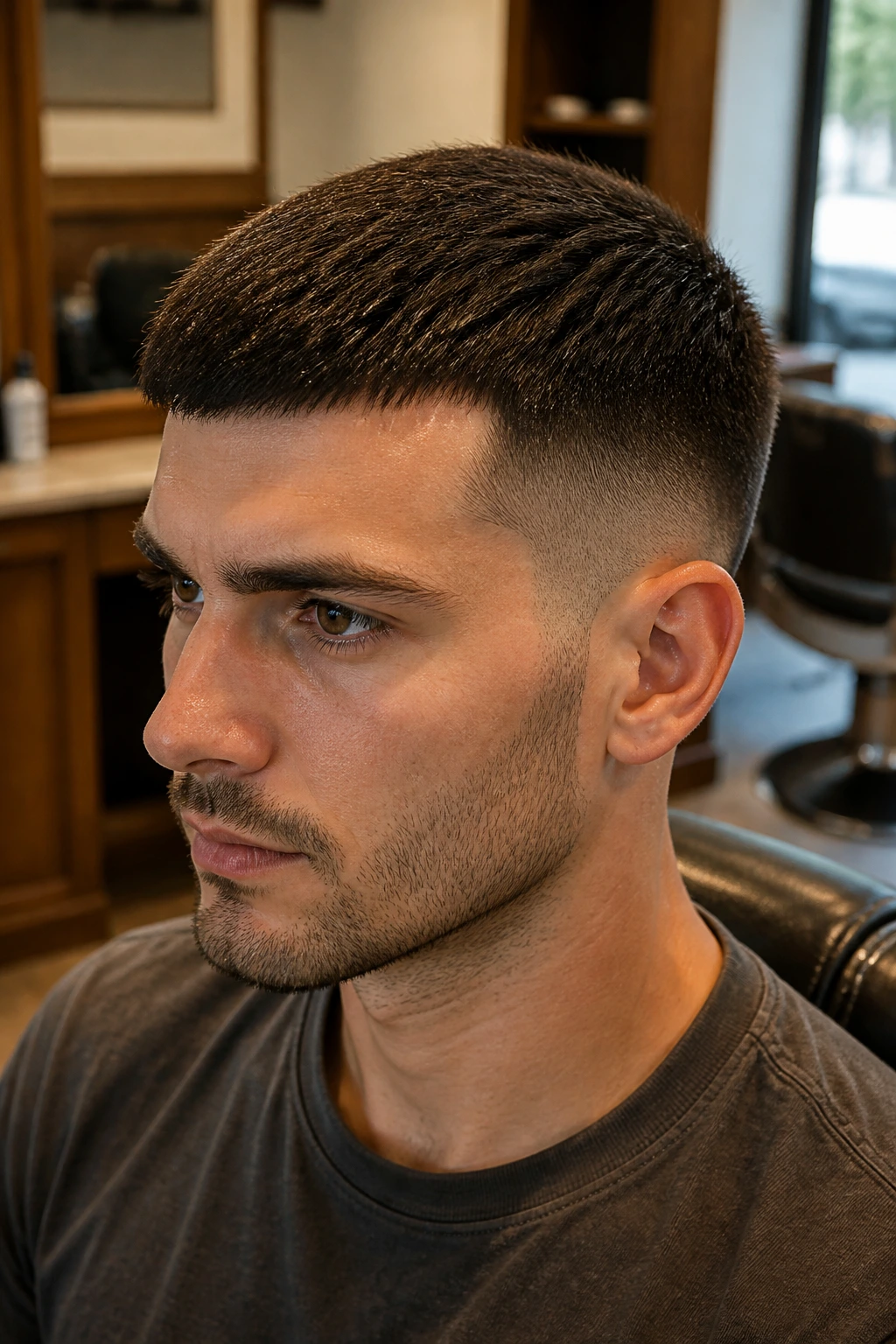 Close-up of a man with a crew cut and low taper in a barbershop setting