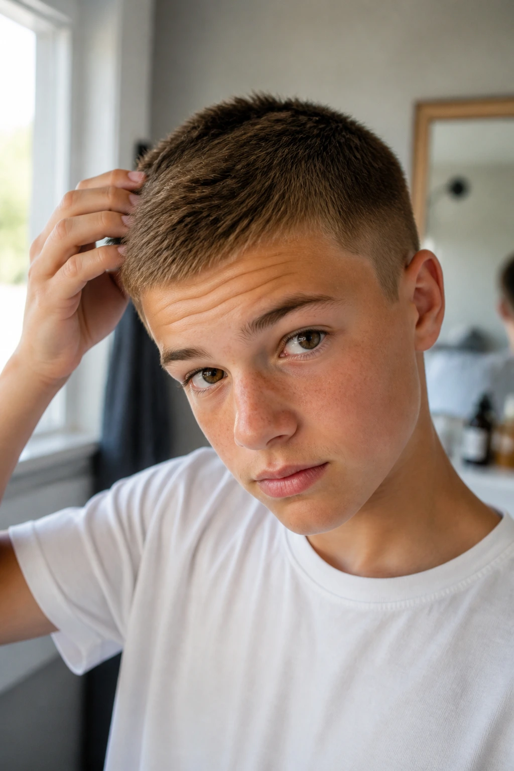 Real boy with a neat crew cut being touched through the hair in a cozy home setting