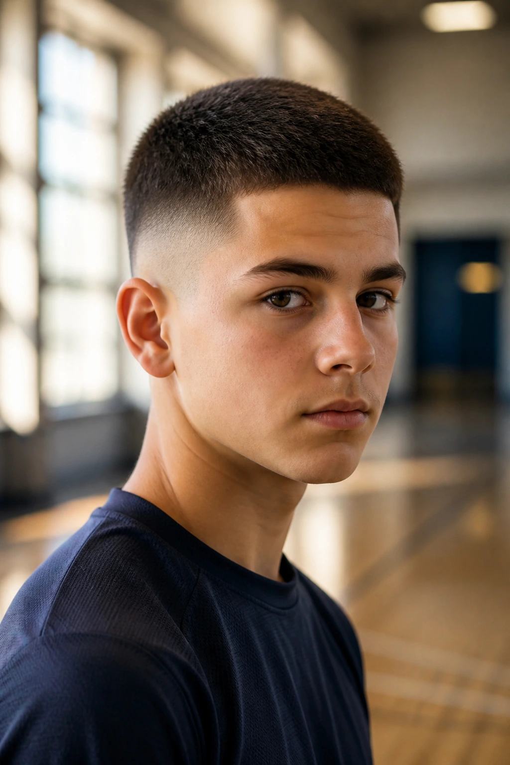 Close-up of a real boy with crew cut and mid fade.