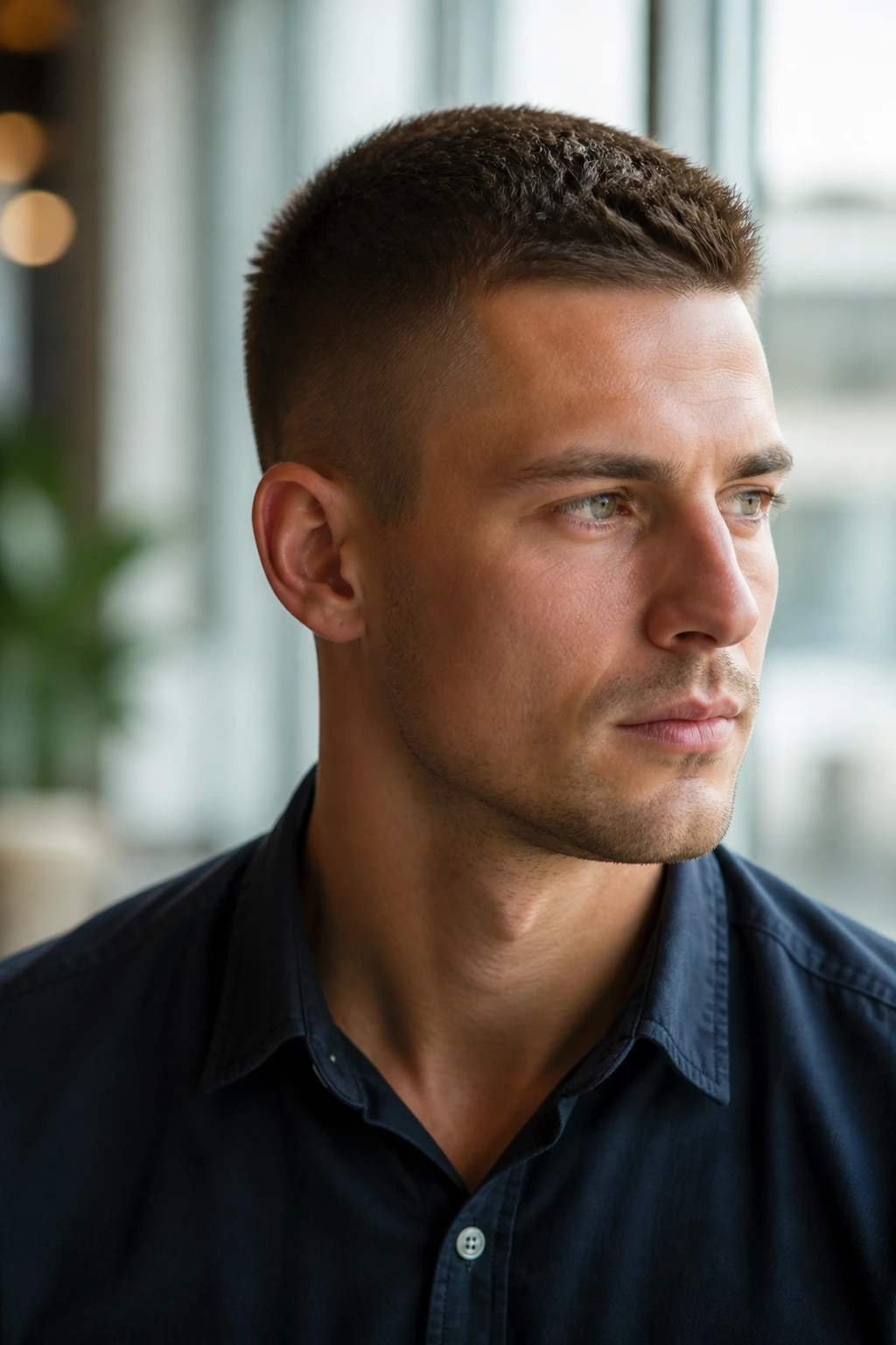 Close-up of crew cut with slight length on top on a real man