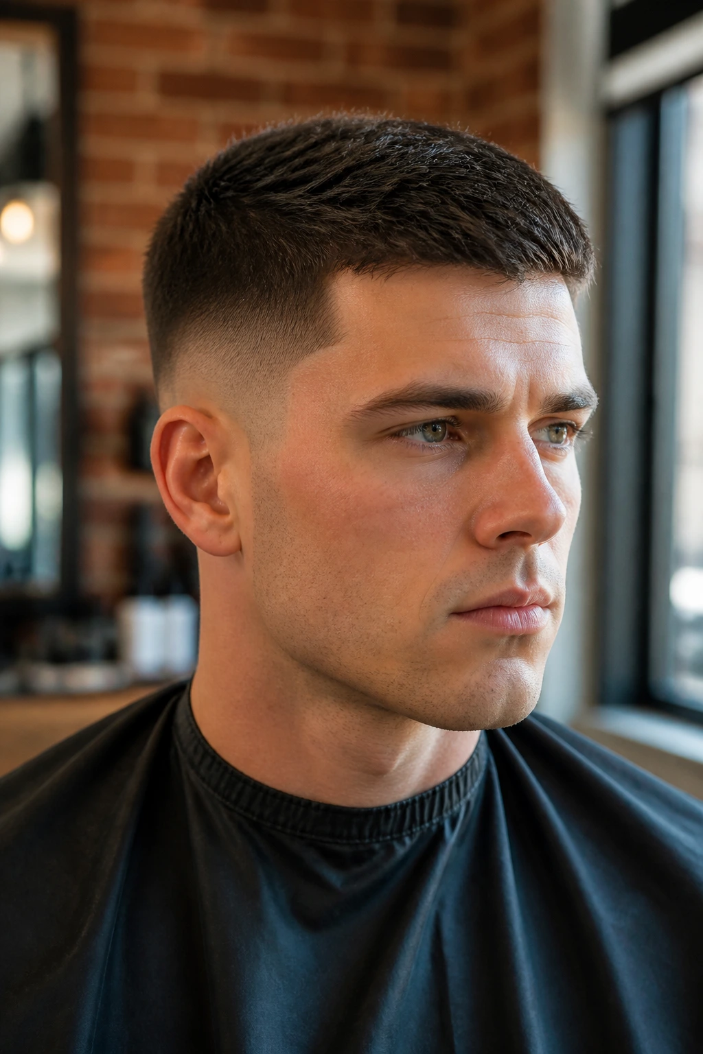 Close-up of a man with a crew cut and taper fade in a barber shop.