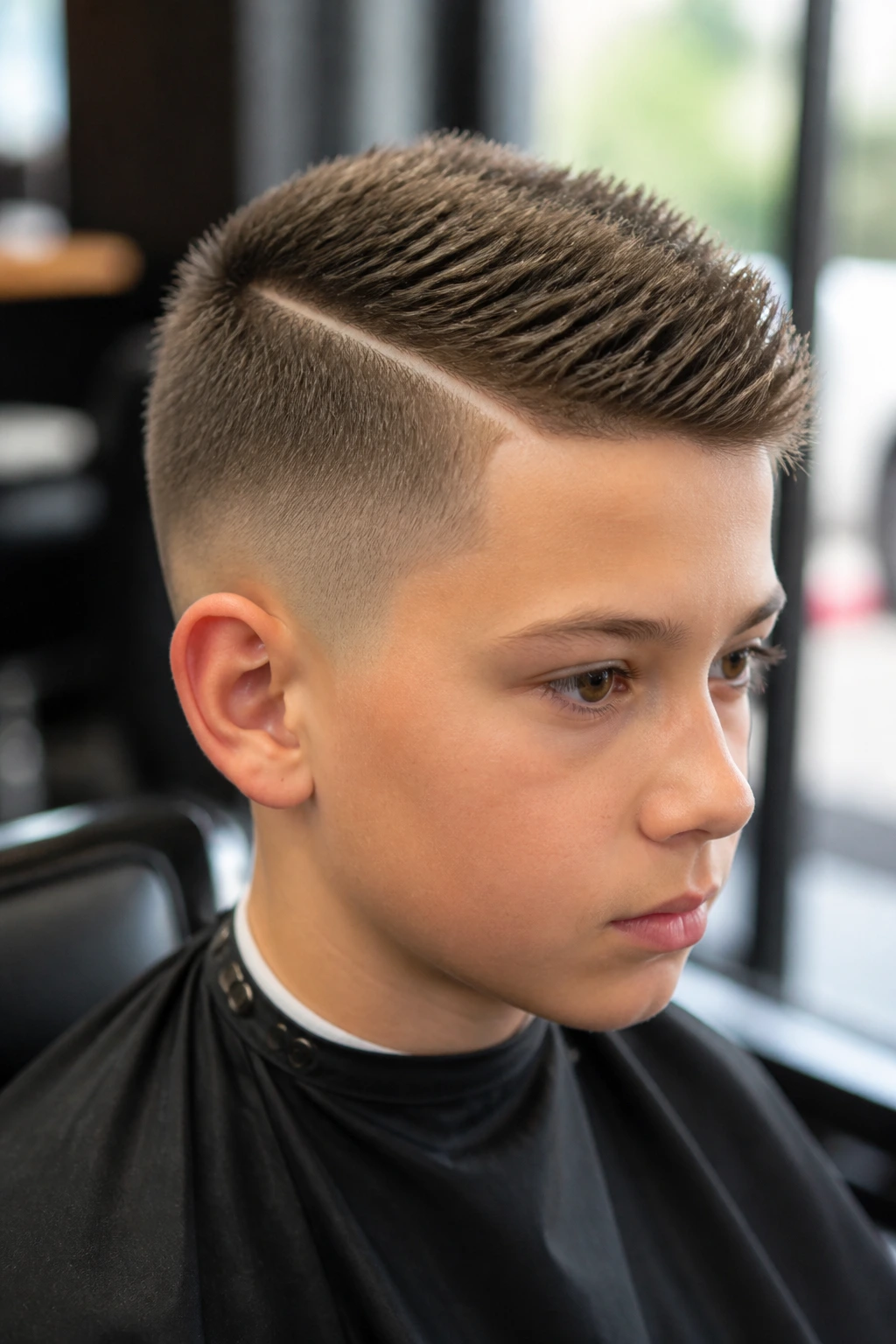 Portrait of a real boy showing a textured crew cut with a sharp part in a salon setting