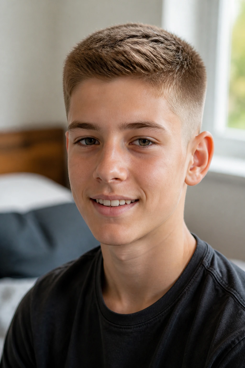 Close-up portrait showing crew cuts on a real boy, fine hair texture and neat sides