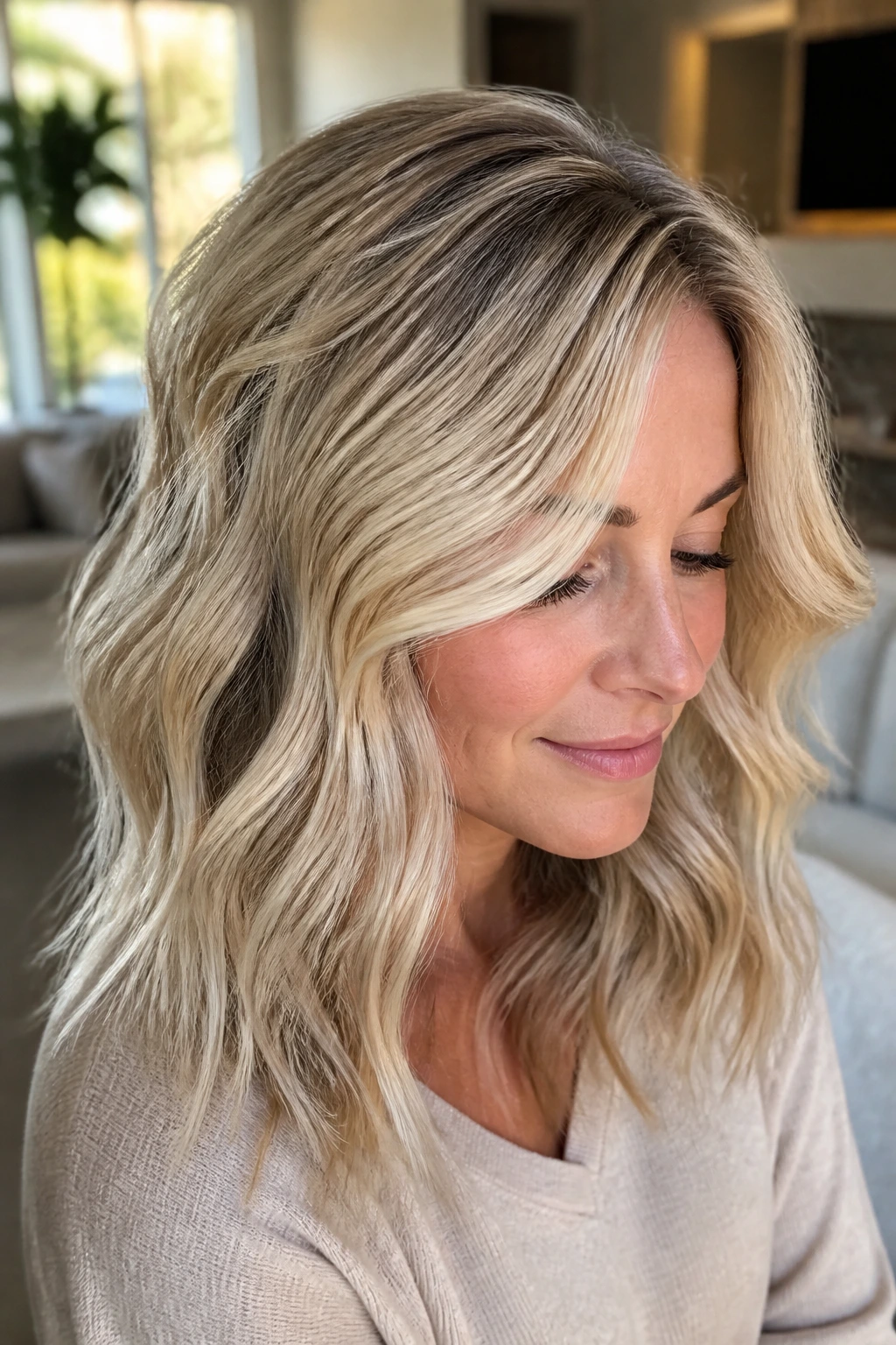 Close-up portrait of a real woman with subtle crimp-back waves and beige blonde balayage