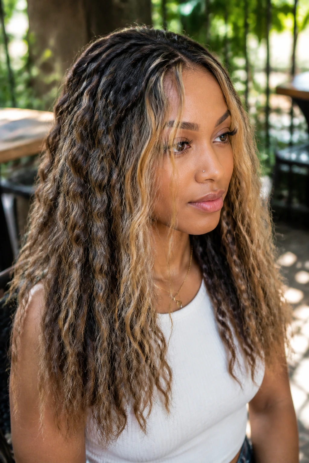 Real woman with crimped crochet layers and sandy blonde panels