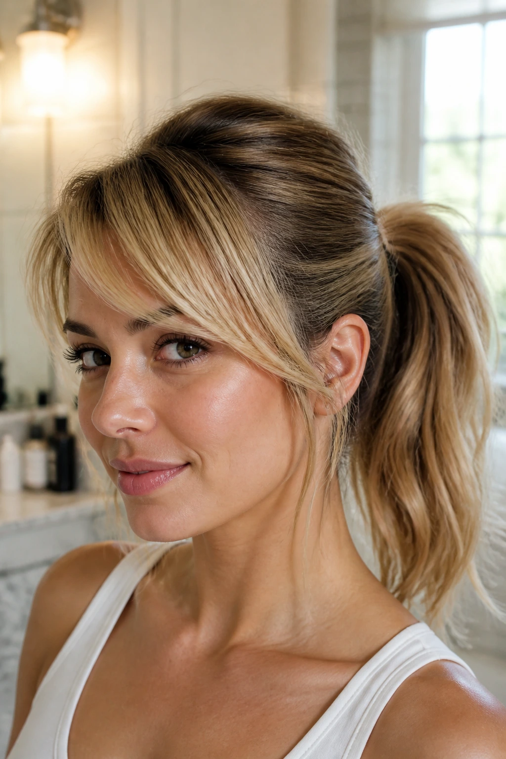 Close-up of a real woman with crimped-root pony and side-swept bangs