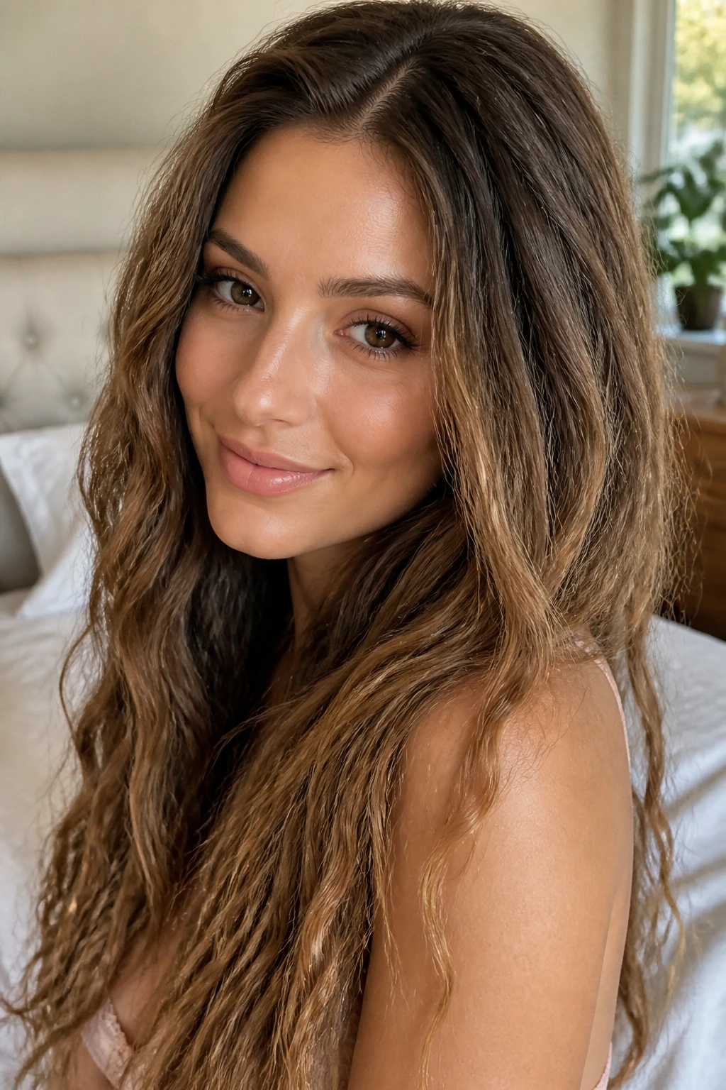 Close-up of a real woman with subtle crimped waves under the top layer