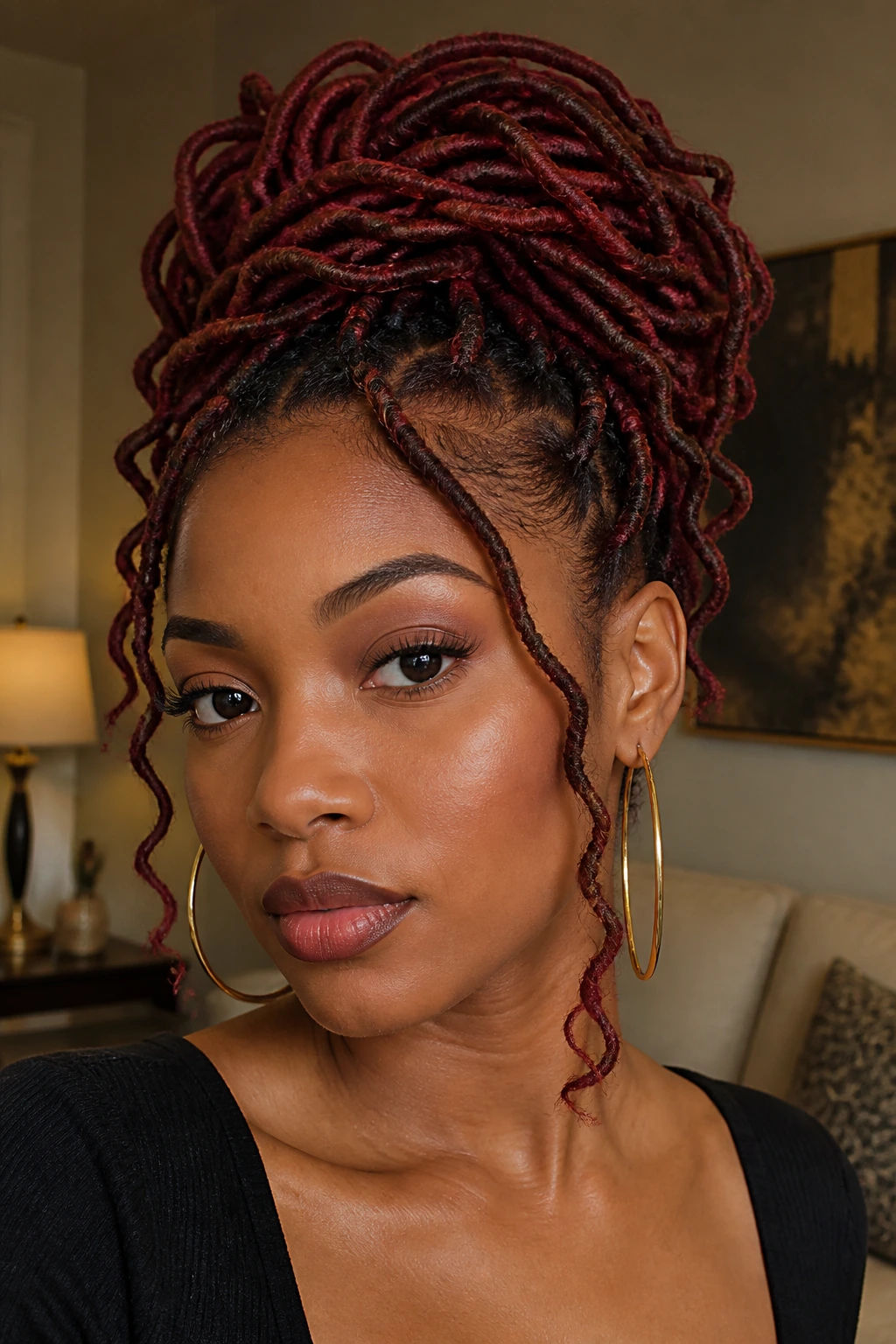 Close-up of a person with crimson faux locs in a crown updo