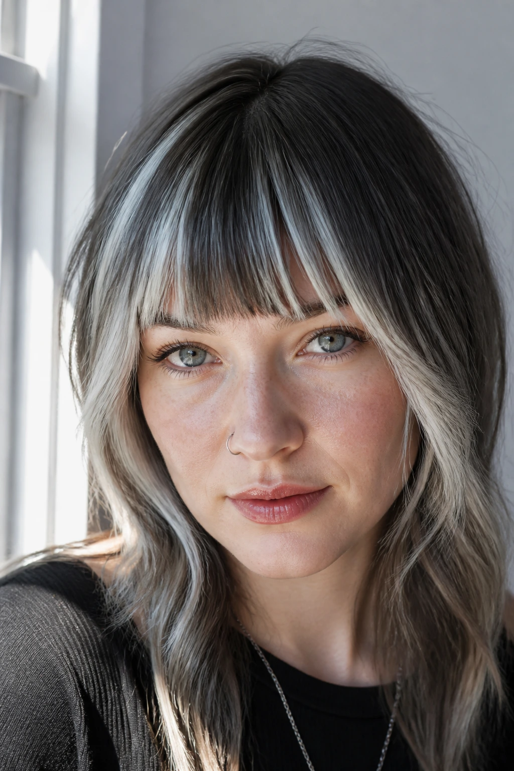 Portrait of a person with crisp bangs and cool-toned front color