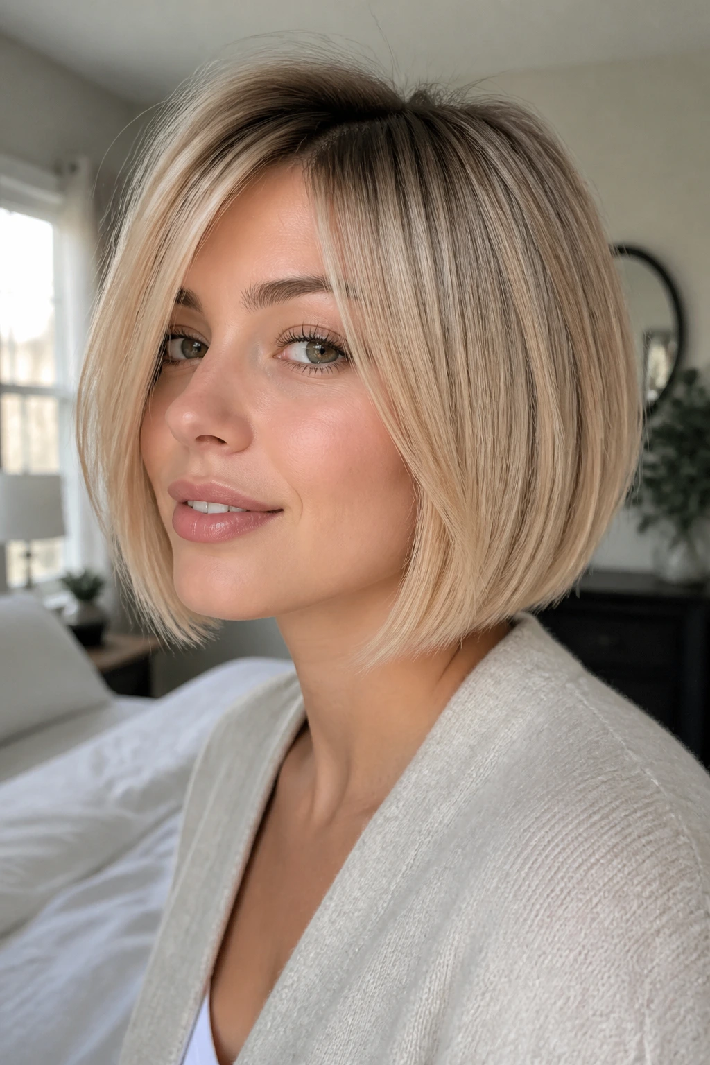Close-up of a real woman's head showing crisp edges and lifted crown to illustrate durable cuts for fine hair