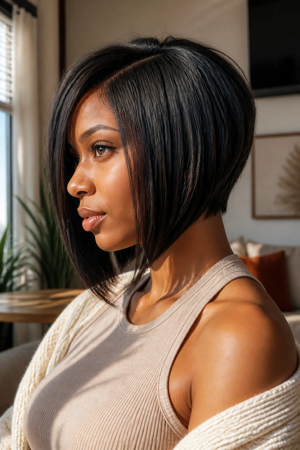 Woman with crisp angled bob showing a maintained line