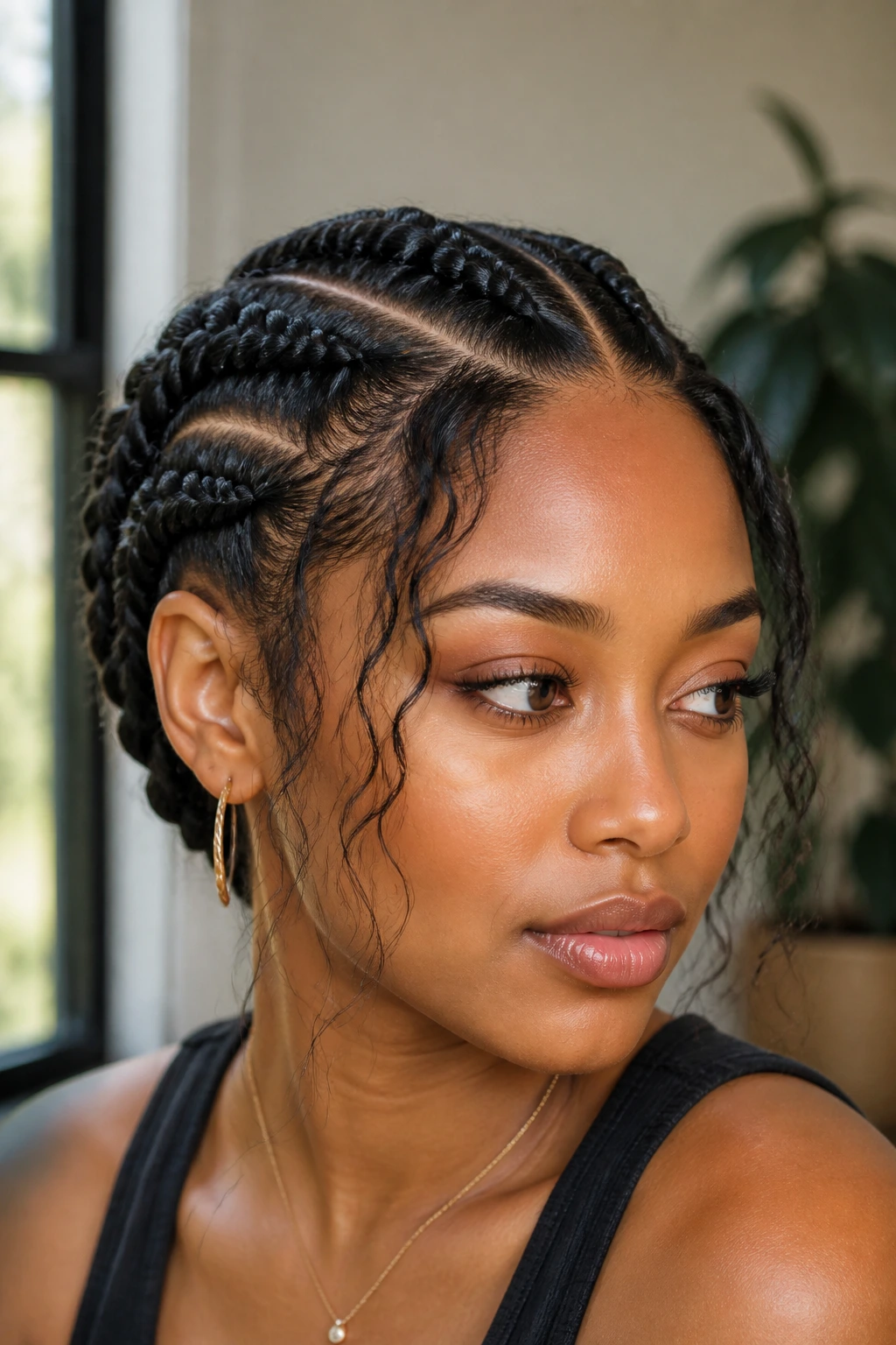Real woman with two Dutch braids framing her face and soft layers
