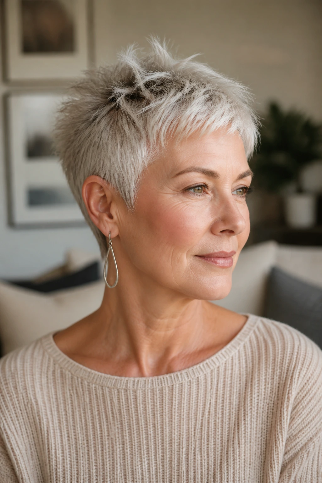 Real woman with a crisp pixie cut in a sunlit living room