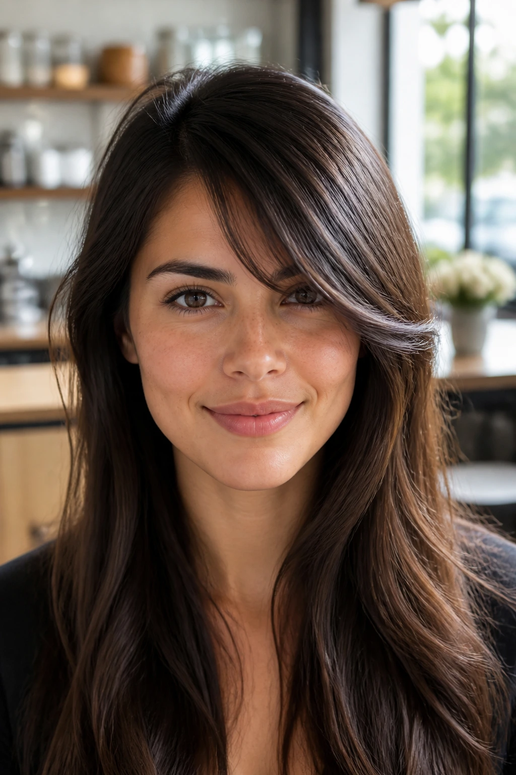 Close-up of a real person with Crisp Side-Part Fringe under natural light