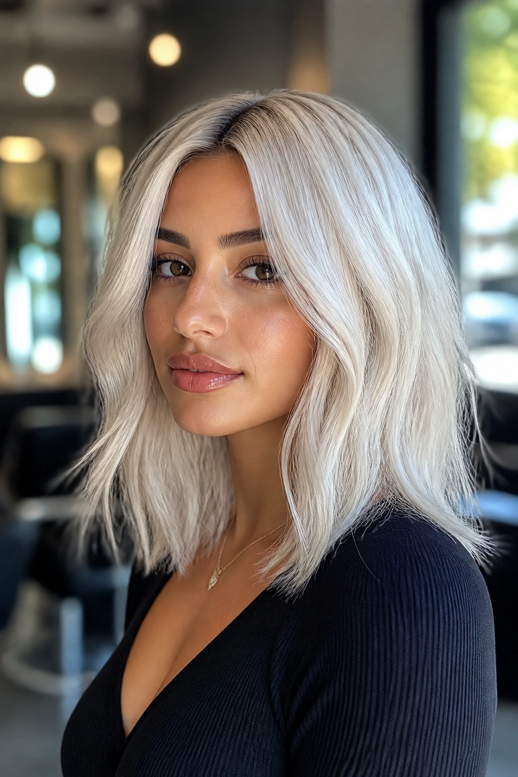 Close-up of a real person with a crisp icy platinum tone in a salon setting