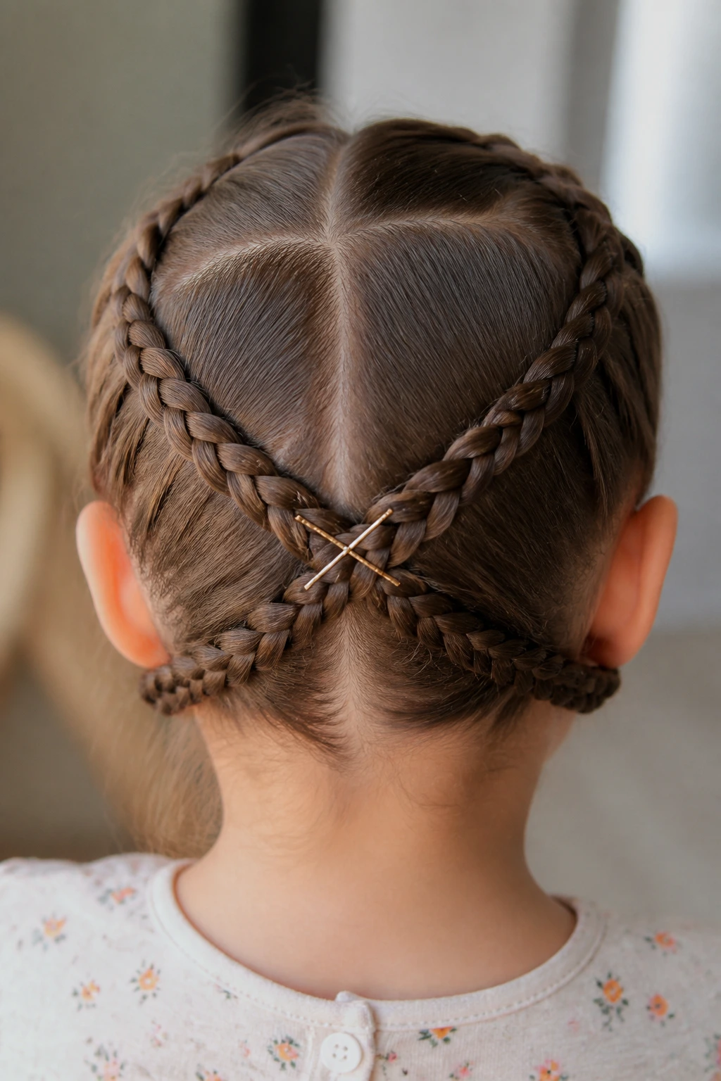 Rear view of a real child with criss-cross braids on the back.