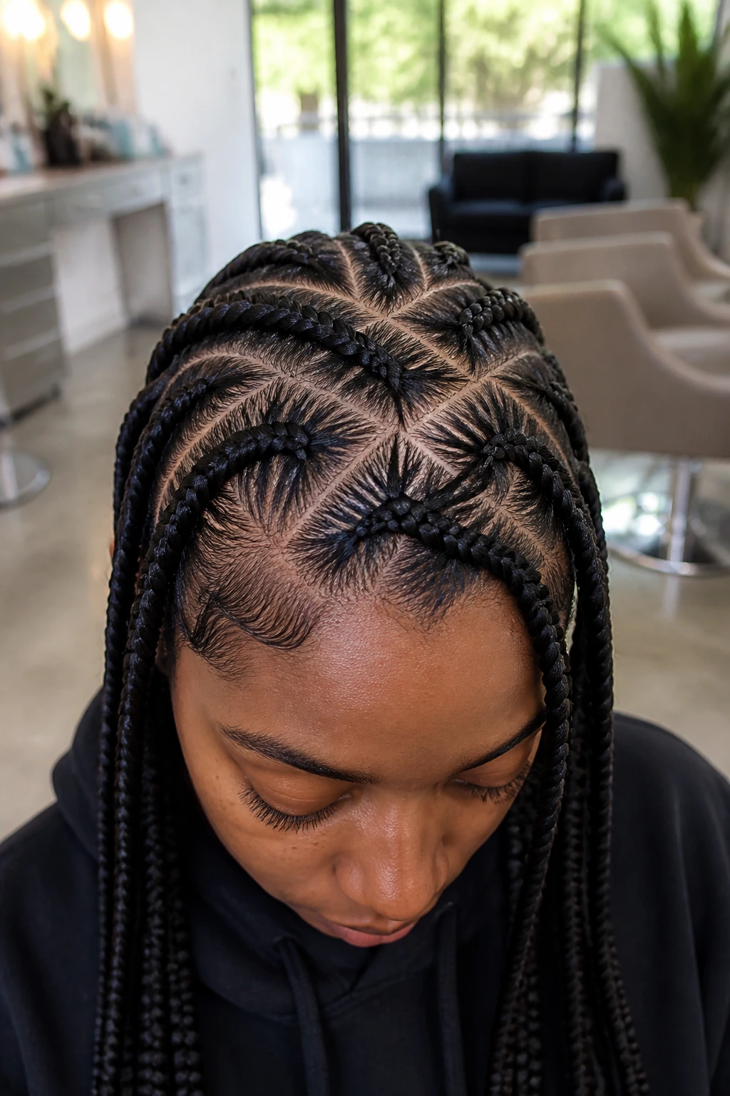 Close-up of criss-cross cornrows on a real person in a bright salon