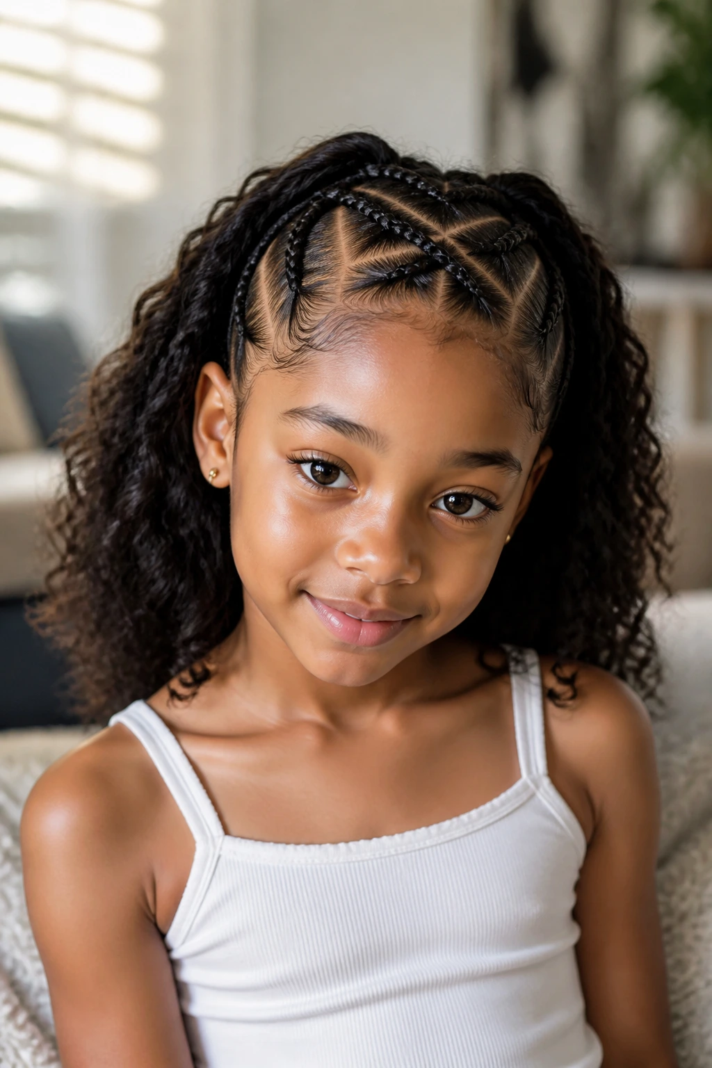 Girl with criss-cross front cornrows and loose back hair in bright home setting