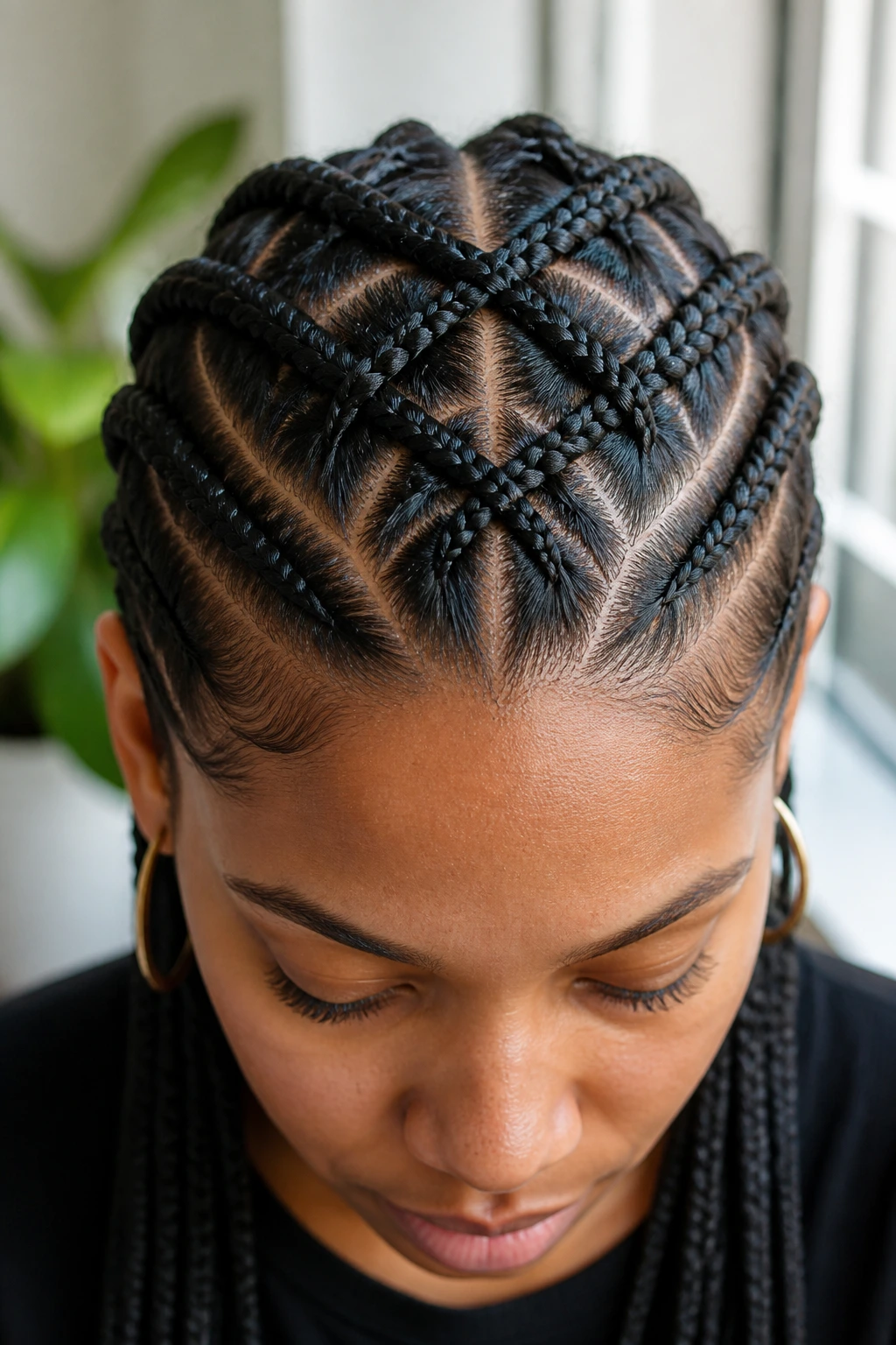 Real woman with criss-cross cornrows on the crown