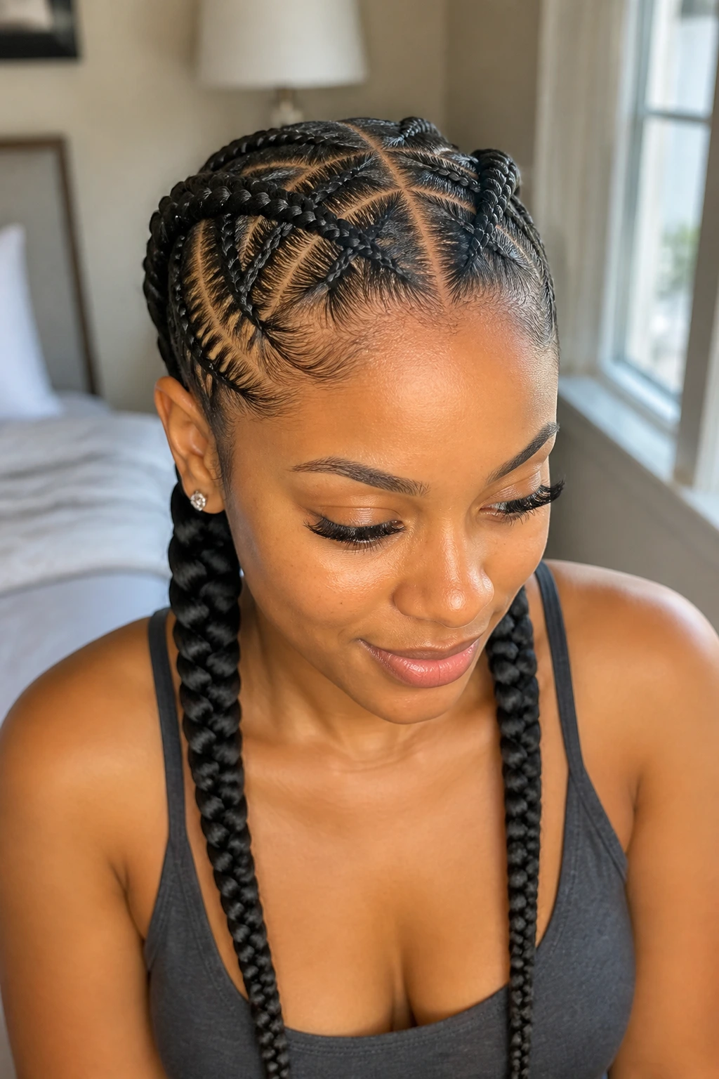 Close-up portrait of criss-cross feed-in pigtails on a real woman
