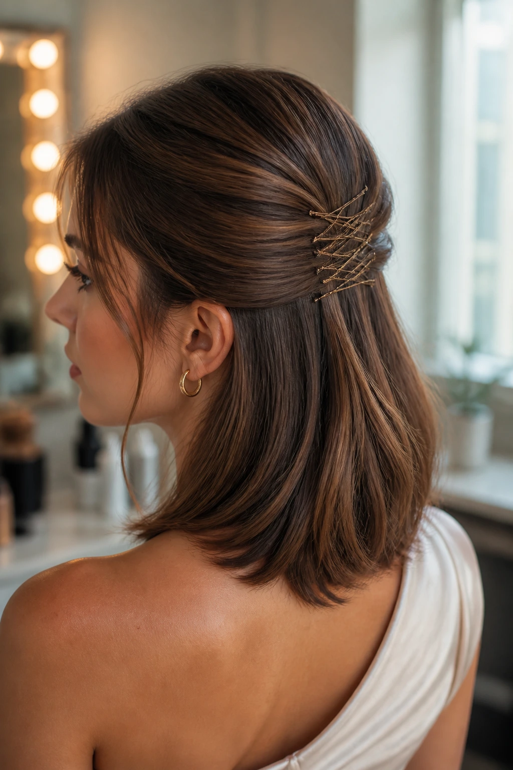 Portrait of a real woman showing a half-up hairstyle with crisscross bobby pins