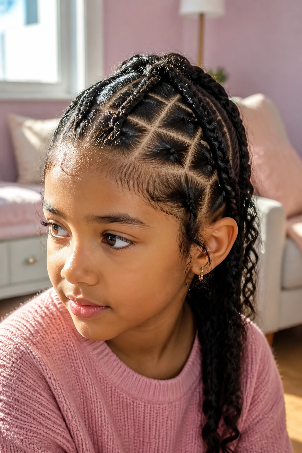 Close-up of a real child with crisscross French weave on wavy hair, crown pattern visible