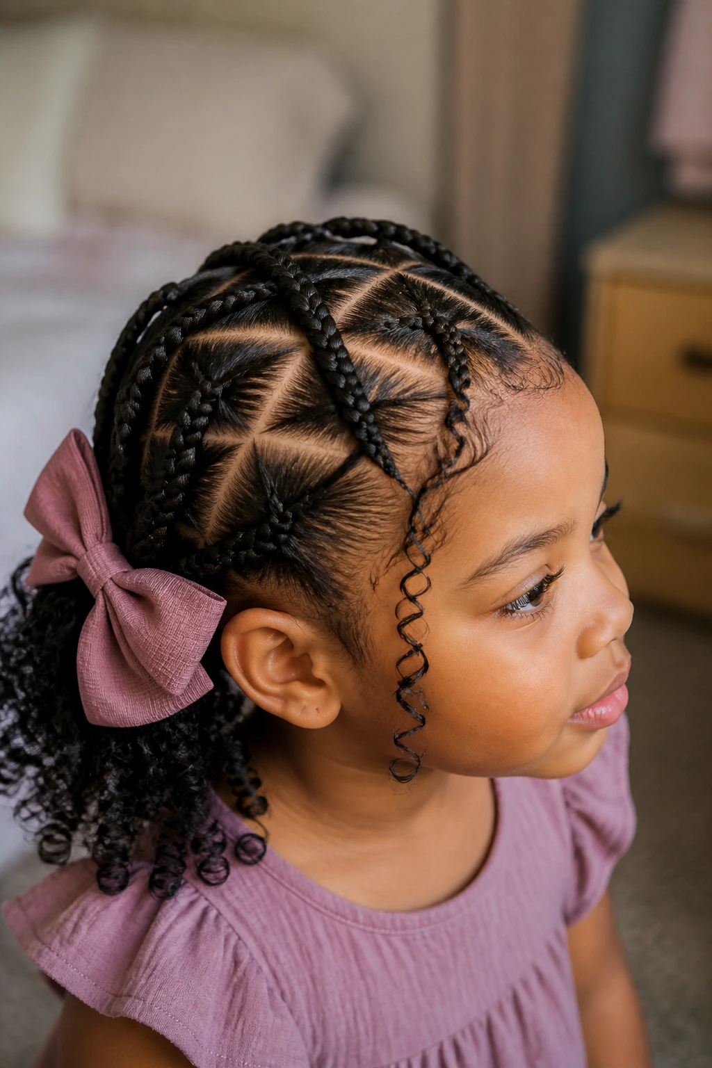 Close-up of real girl head showing crisscross braids with bow base in soft bedroom light