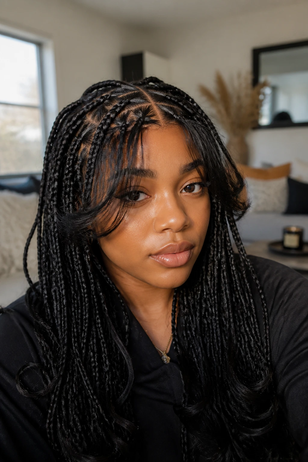 Close-up of a real woman with crisscross braids and layered curtain bangs framing her face