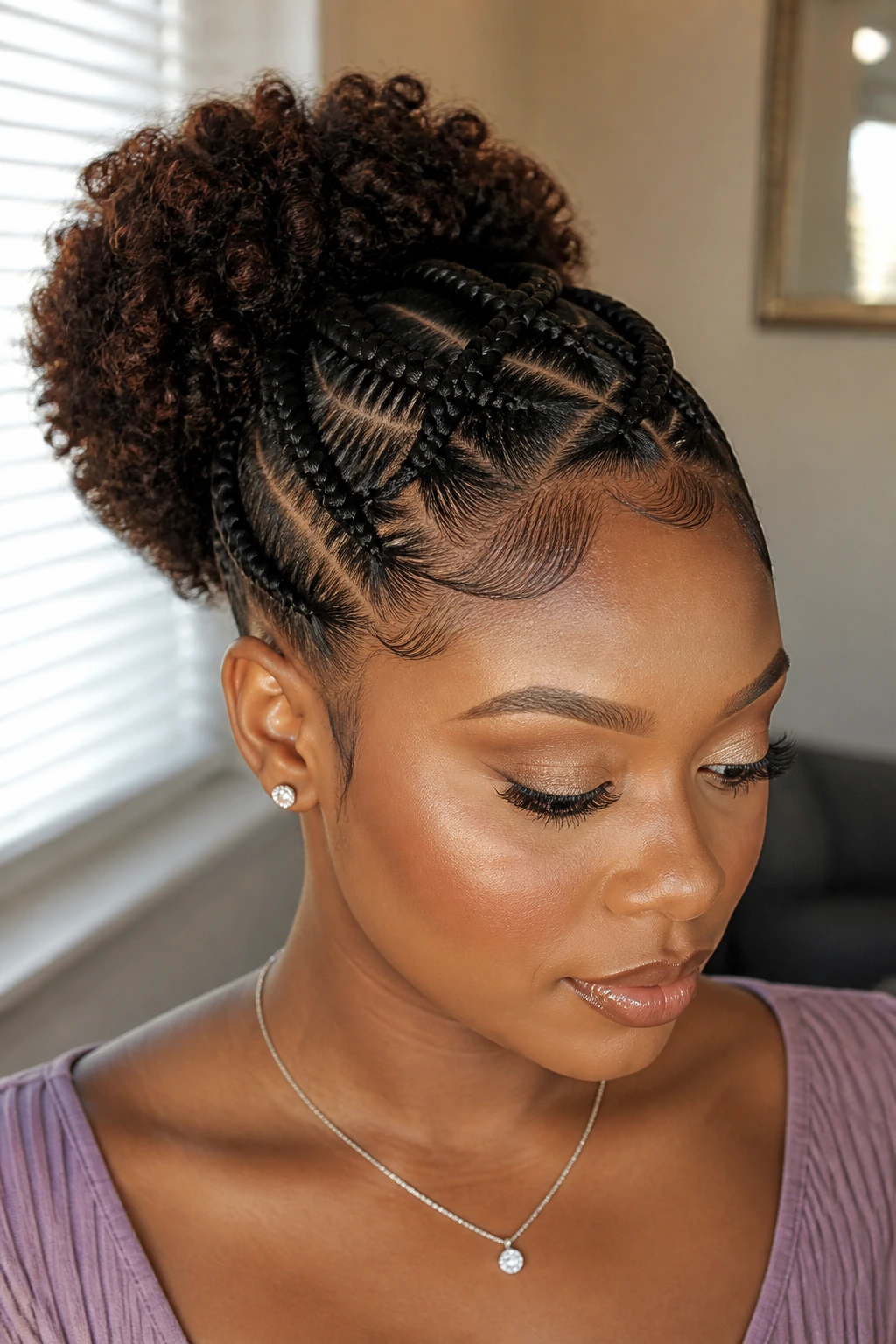 Real woman with crisscross braids forming a puff, close-up
