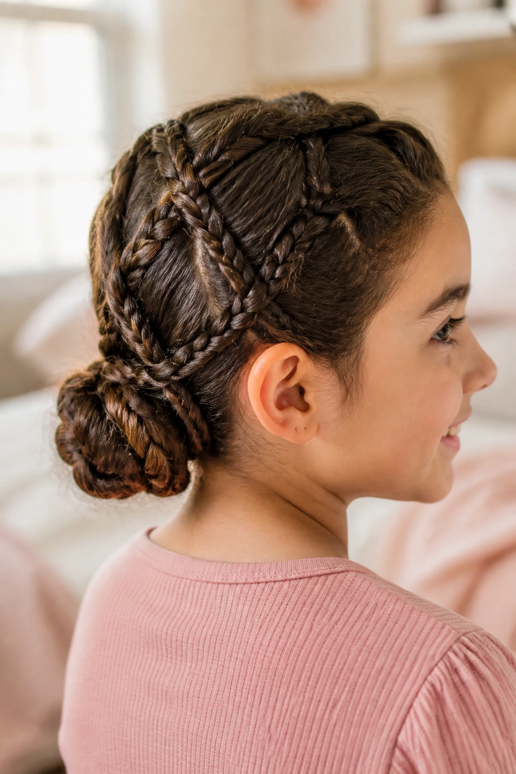 Close-up portrait of a real child showing crisscross braids forming a twisted low bun in a cozy bedroom