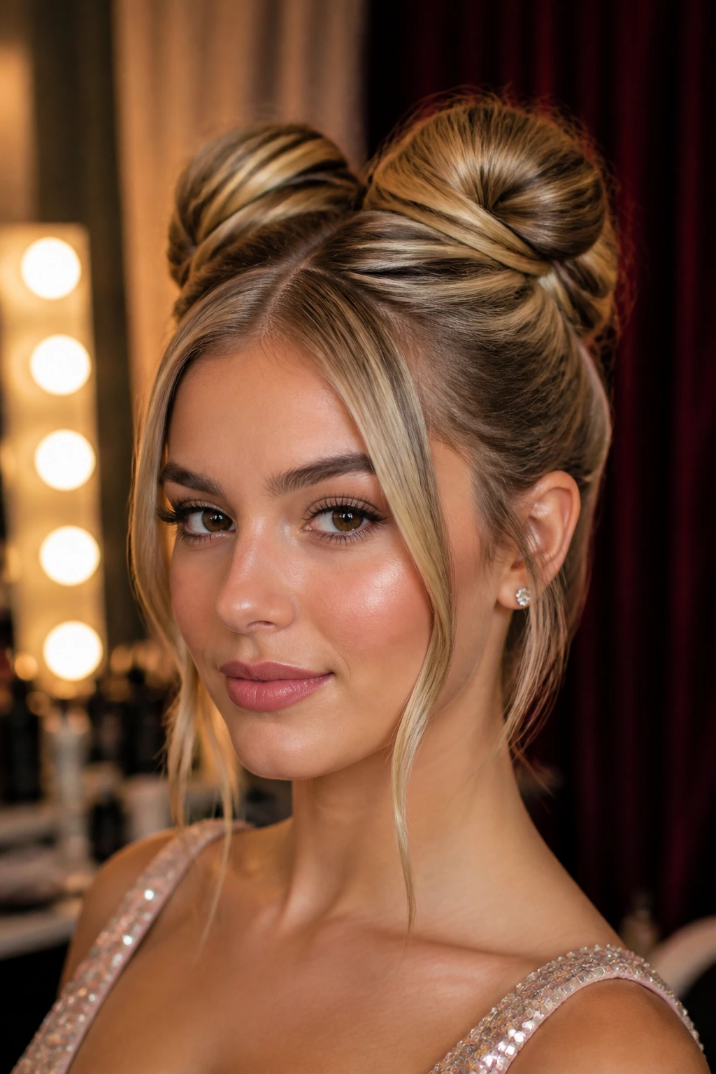 Close-up of a real woman with crisscross fed double buns sculpted into built-in shape