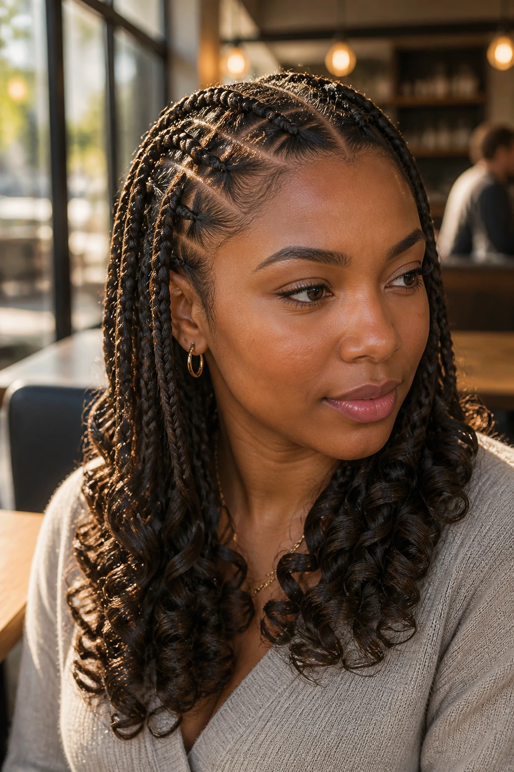 Close-up of crisscross cornrows with curled length on a real woman in a cafe setting.