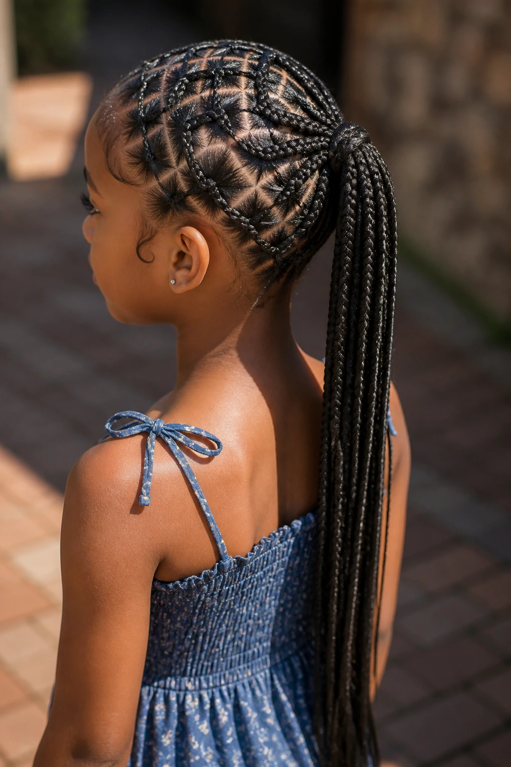 Three-quarter back view of a real child with crisscross cornrows into a long tail