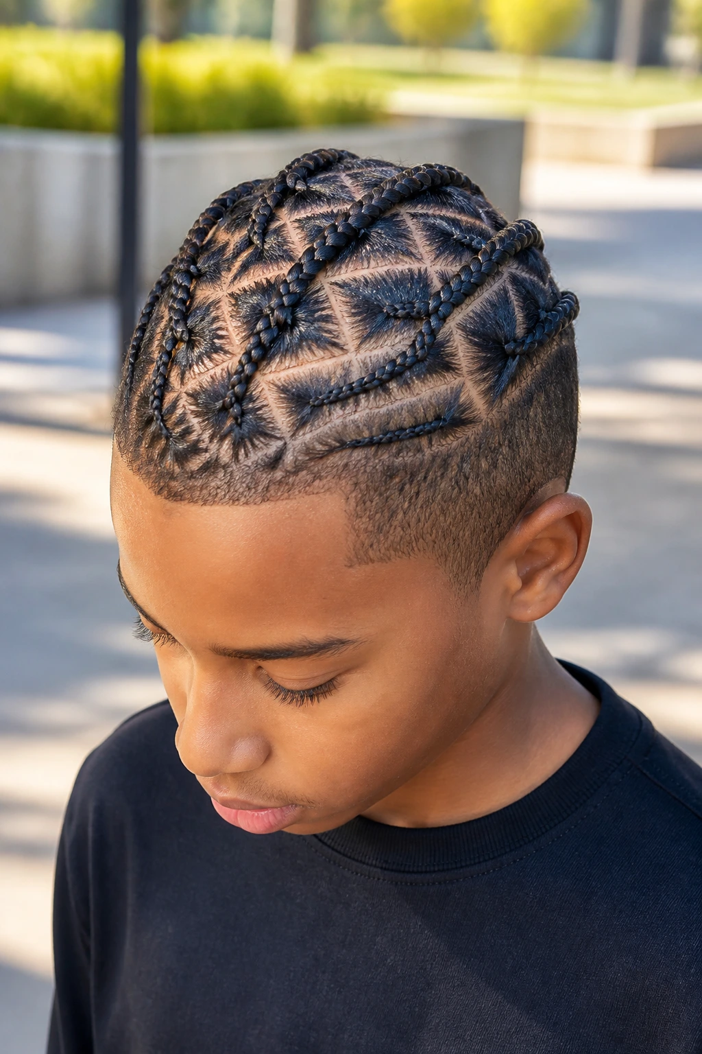 Crisscross cornrows with woven parts on real boy