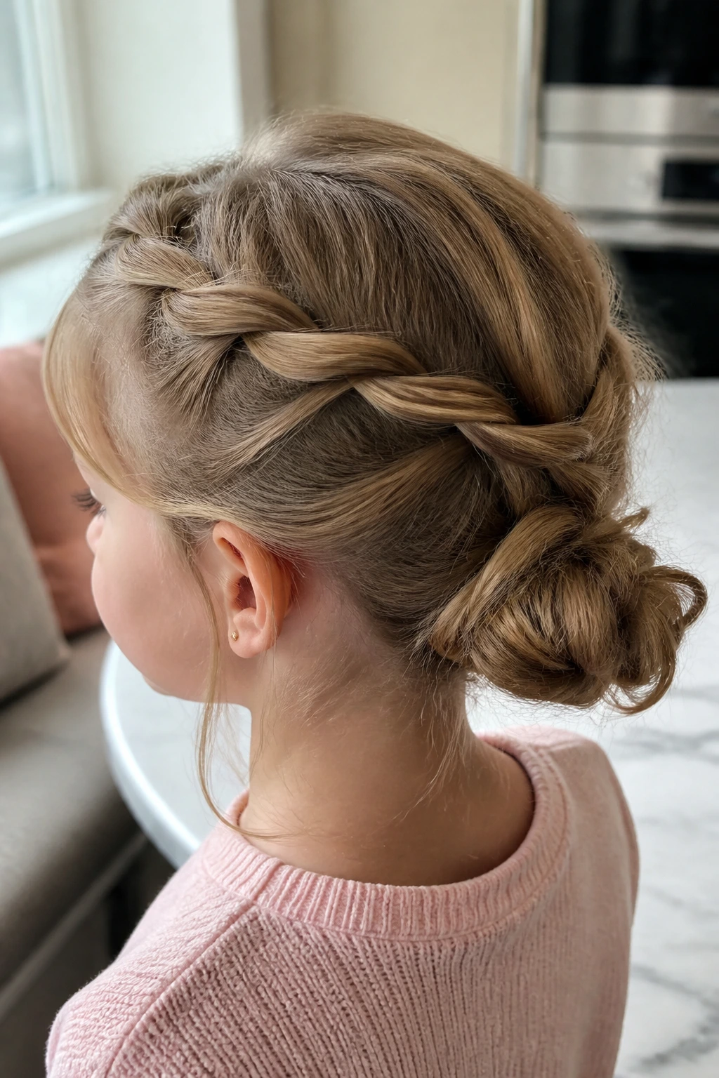 Close-up of a real girl showing a crisscross crown twist hairstyle in a bright kitchen.
