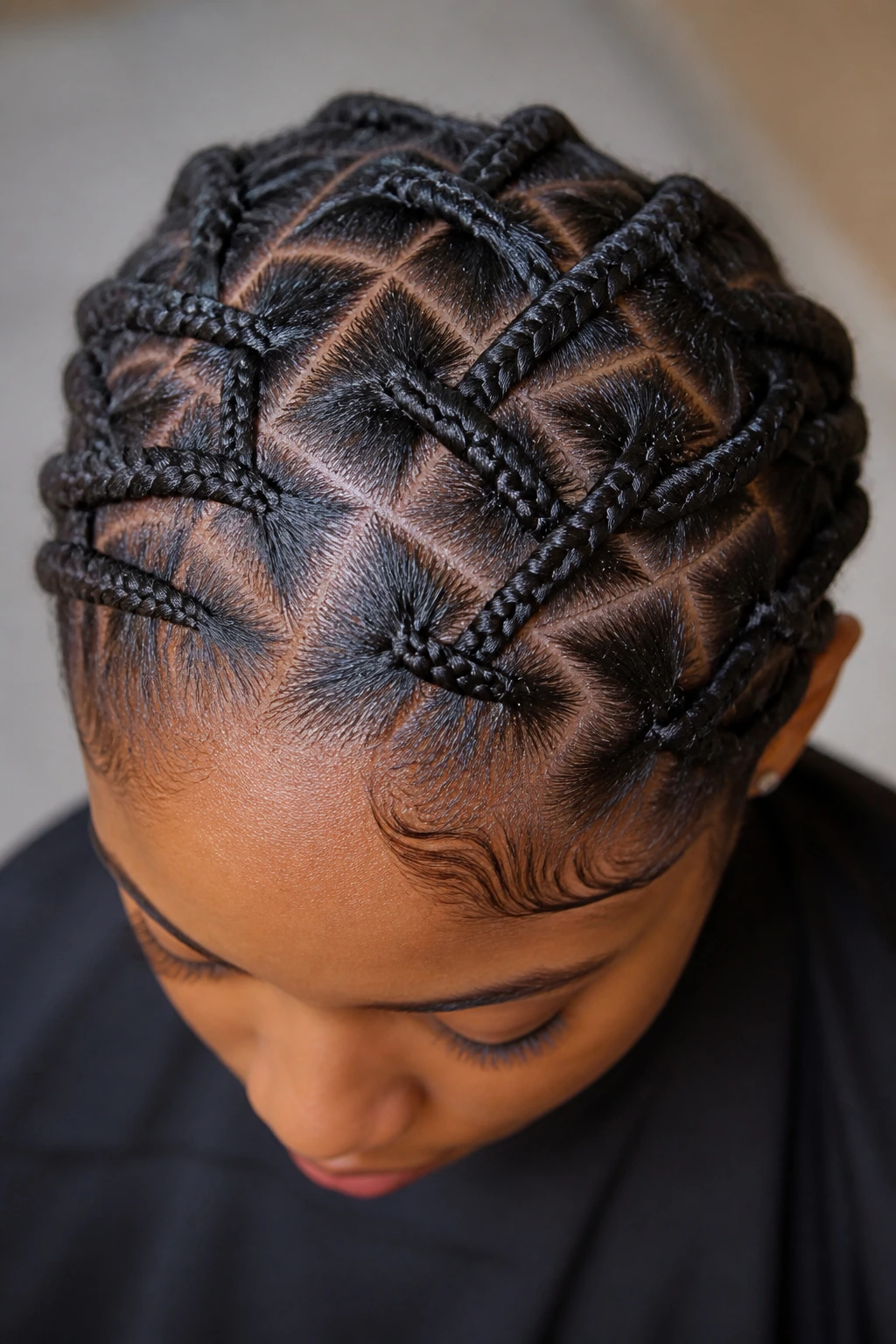 Close-up of a real person with a crisscross Dutch braid pattern on the scalp