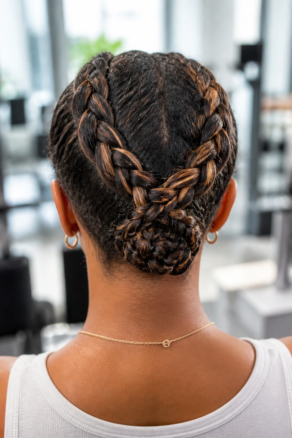 Back view of two crisscross Dutch braids at the nape