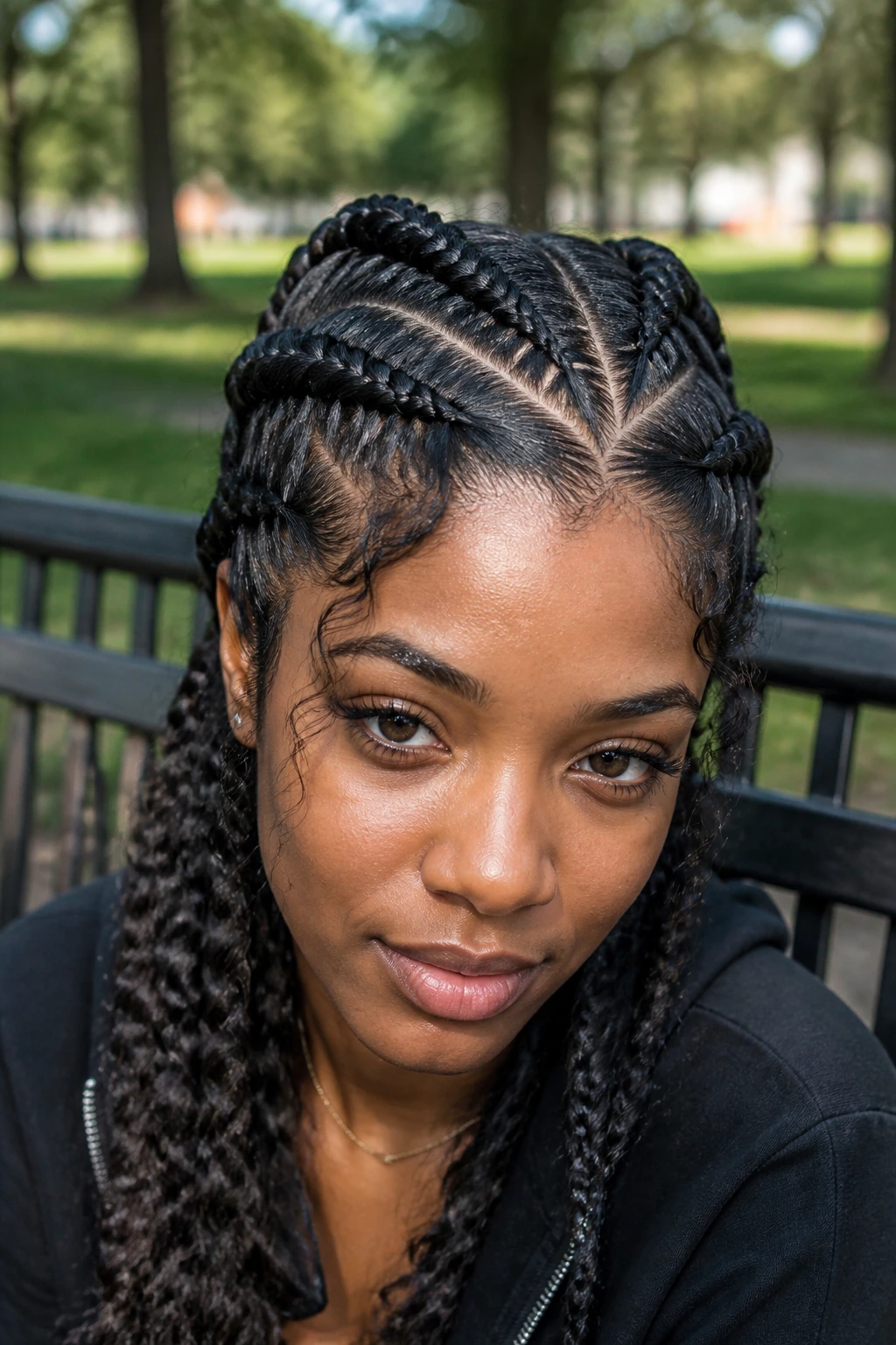 Front view of a real woman with crisscross Dutch braids and soft facial layers