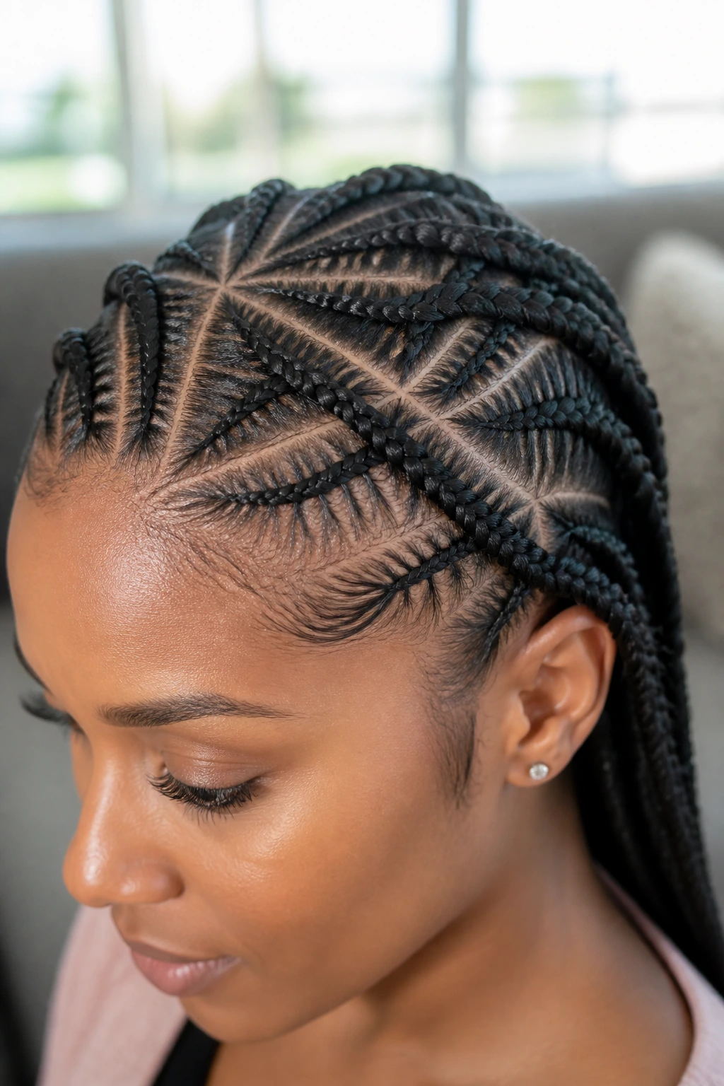 Close-up of crisscross feed-in braids at the front crown