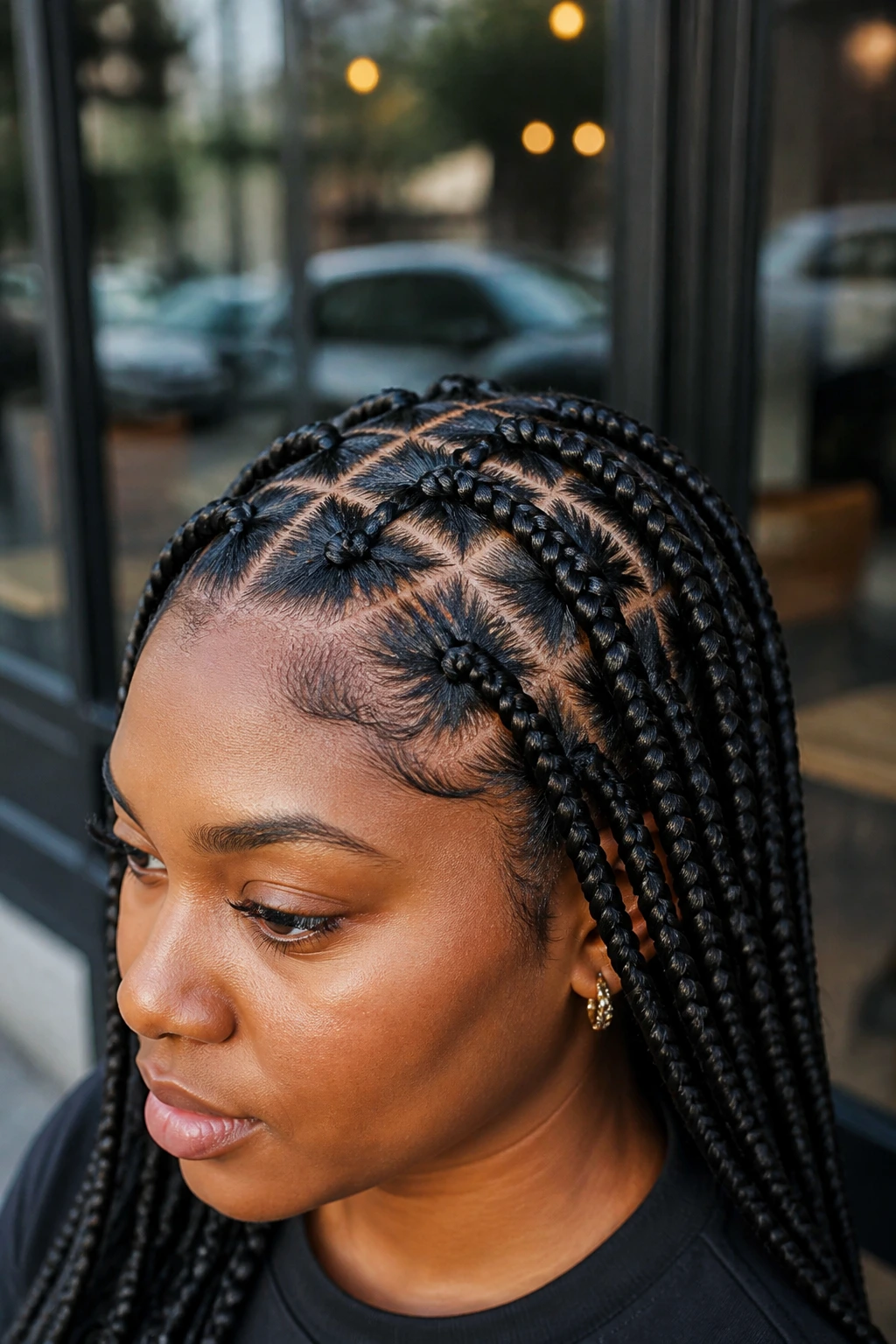 Close-up portrait of a real woman with crisscross feed-in braids along the scalp
