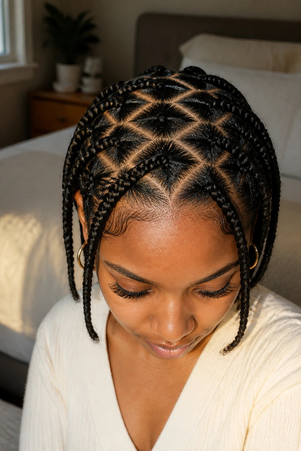 Close-up of a real woman with crisscross knotless braids showing crisp scalp pattern