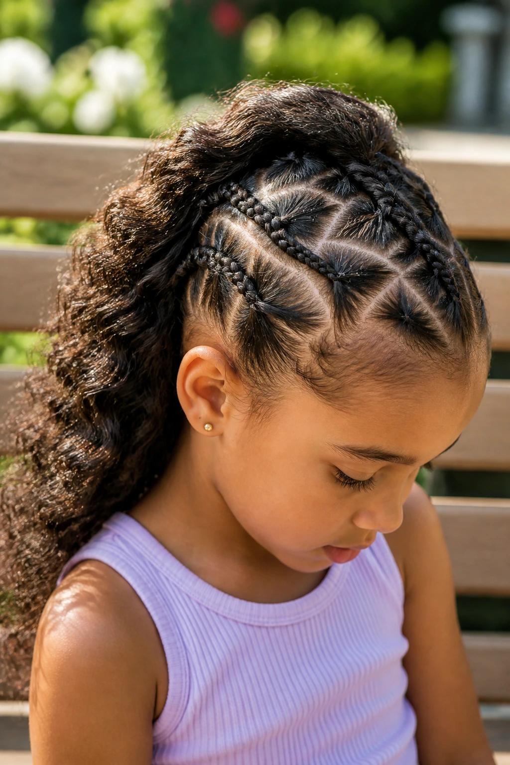 Close-up of a real child with crisscross braids forming X shapes on the crown.