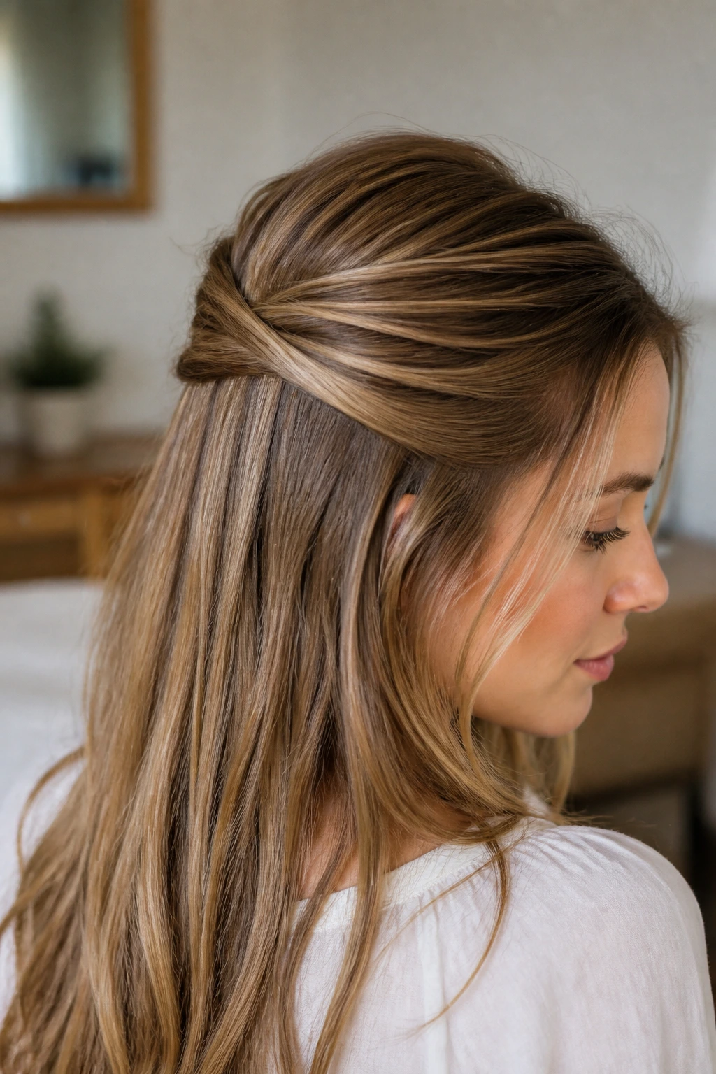 Close-up of real woman with crisscross pin-back half-up showing an X at the back of the head.