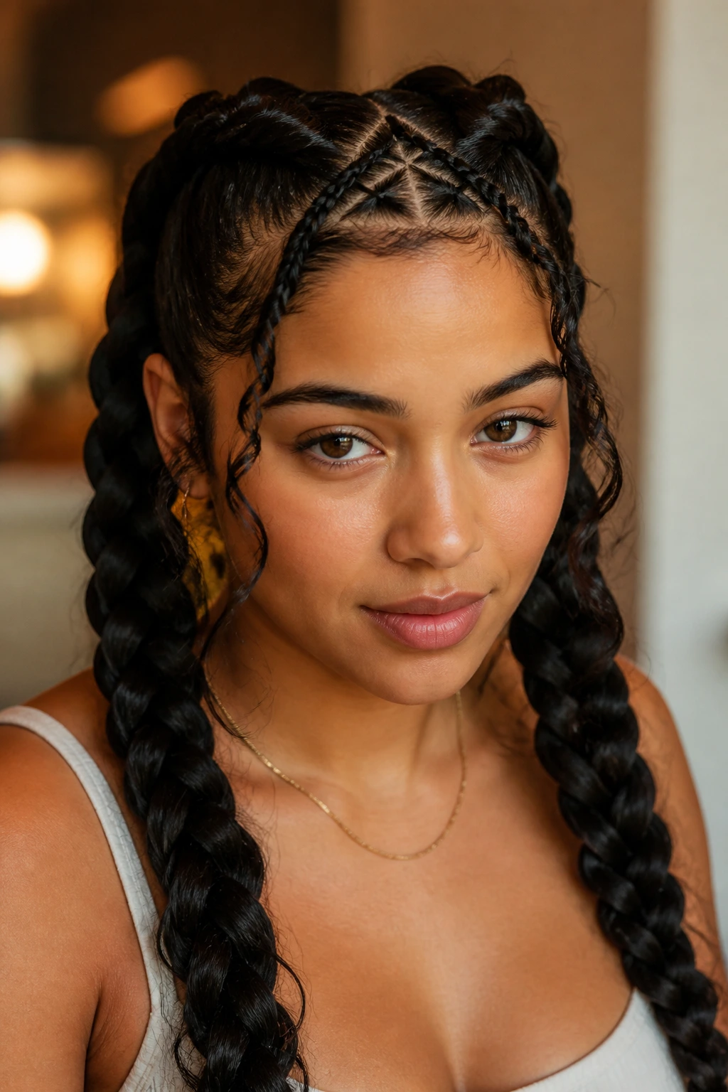 Front crown crisscross twin braids on a real woman in warm indoor light