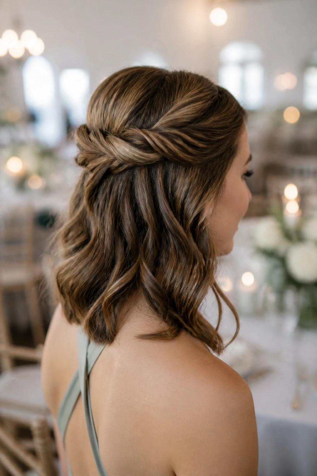 Close-up of a woman with a crisscross twist half-up hairstyle